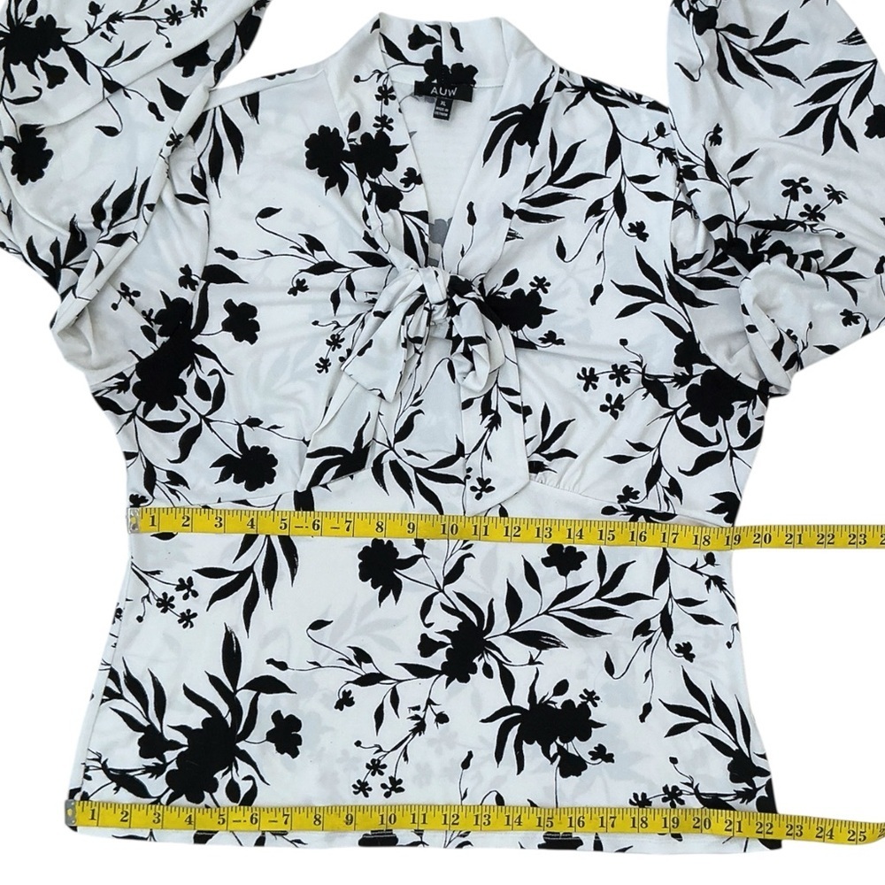 AUW Tie Front Blouse Long Sleeve Bold Floral Black White Women's Top Size XL - Picture 5 of 16